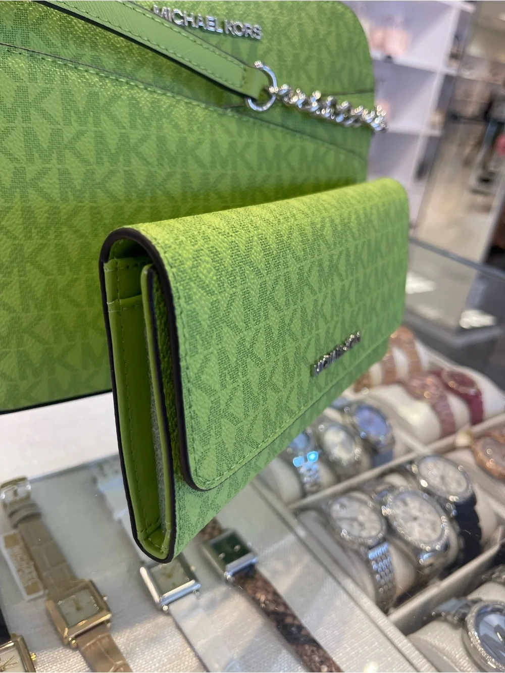 Michael KORS Jet Set Large Signature Logo Tri-Fold Wallet Trifold Lime NWT